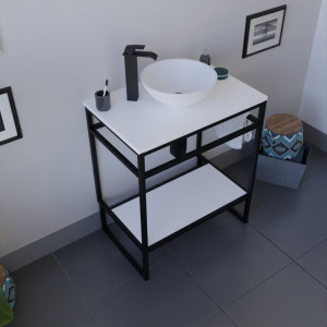 Meuble salle de bain en métal noir STRUCTURA 70 cm, étagère et plan avec vasque à poser blanche