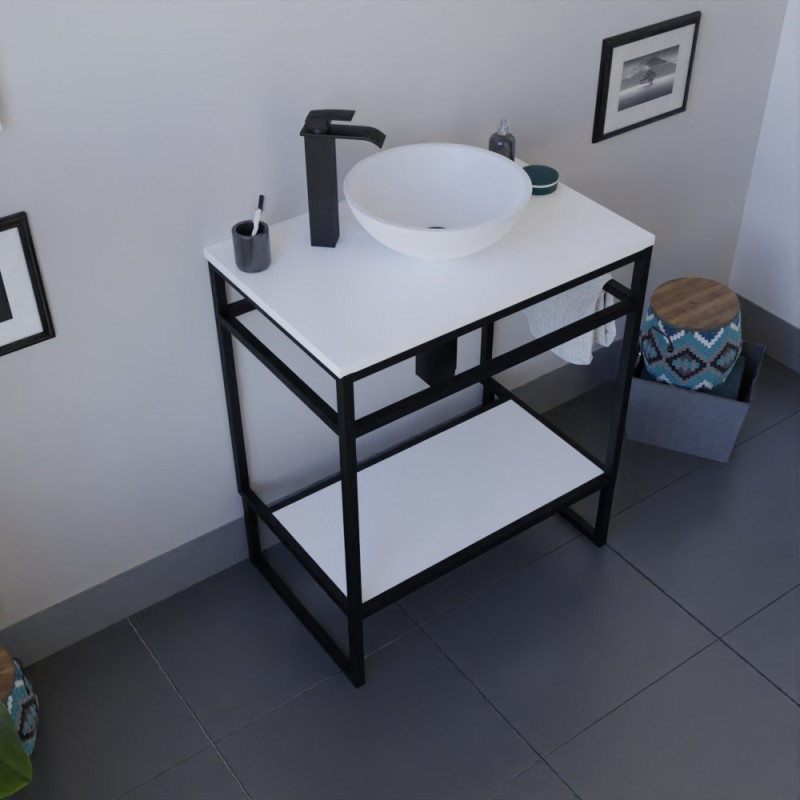Meuble salle de bain STRUCTURA 70 cm en métal noir, étagère ouverte, plan et vasque à poser blanche