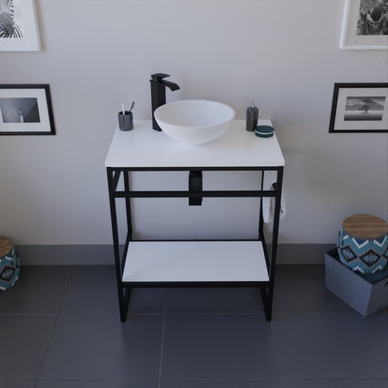 Meuble salle de bain STRUCTURA 70 cm en métal noir, étagère ouverte, plan et vasque à poser blanche