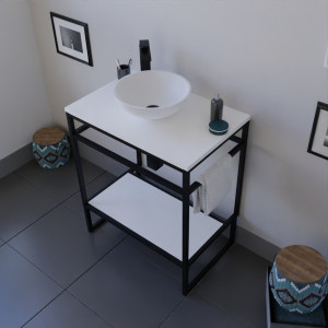 Meuble salle de bain STRUCTURA 70 cm en métal noir, étagère ouverte, plan et vasque à poser blanche