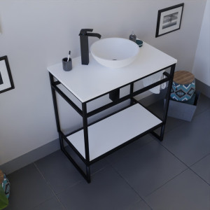 Meuble salle de bain en métal noir STRUCTURA 80 cm, étagère et plan avec vasque à poser blanche