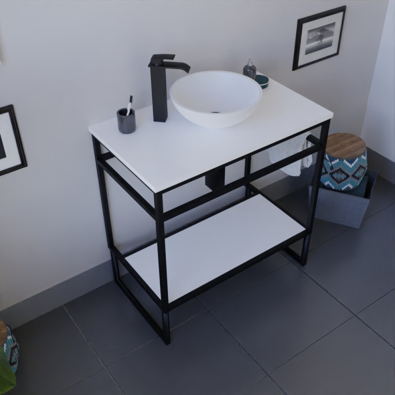 Meuble salle de bain STRUCTURA 80 cm en métal noir, étagère ouverte, plan avec vasque à poser blanche