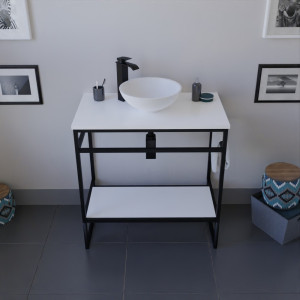 Meuble salle de bain STRUCTURA 80 cm en métal noir, étagère ouverte, plan avec vasque à poser blanche
