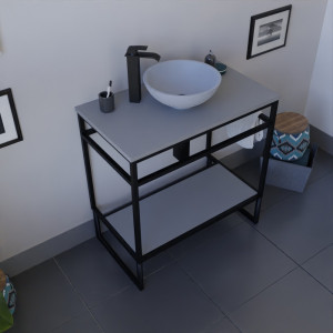 Meuble salle de bain en métal noir STRUCTURA 80 cm, étagère et plan avec vasque à poser gris mat