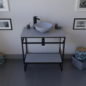 Meuble salle de bain STRUCTURA 80 cm en métal noir, étagère ouverte, plan avec vasque à poser gris mat