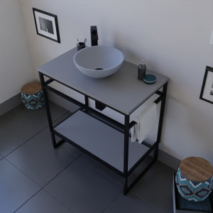 Meuble salle de bain STRUCTURA 80 cm en métal noir, étagère ouverte, plan avec vasque à poser gris mat