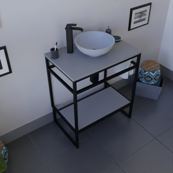 Meuble salle de bain STRUCTURA 70 cm en métal noir, étagère ouverte, plan avec vasque à poser gris mat