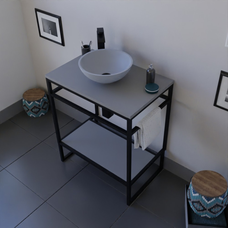 Meuble salle de bain STRUCTURA 70 cm en métal noir, étagère ouverte, plan avec vasque à poser gris mat