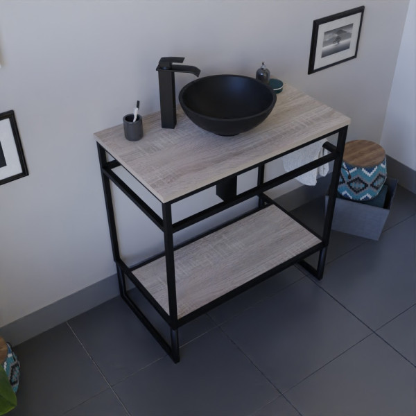 Meuble salle de bain STRUCTURA 80 cm en métal noir, étagère et plan aspect bois, vasque à poser noire