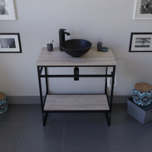 Meuble salle de bain STRUCTURA 80 cm en métal noir, étagère et plan aspect bois, vasque à poser noire