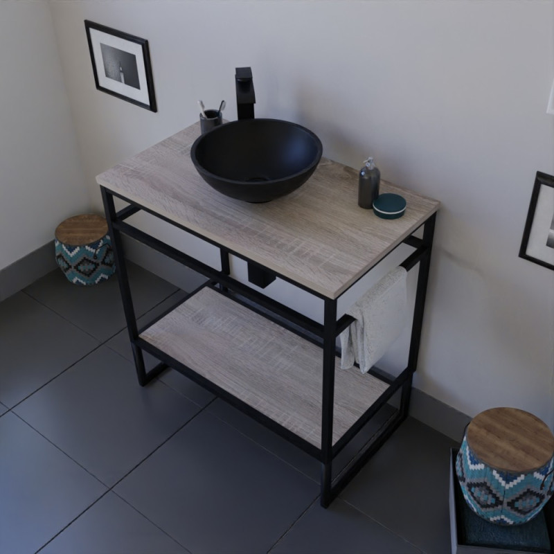 Meuble salle de bain STRUCTURA 80 cm en métal noir, étagère et plan aspect bois, vasque à poser noire