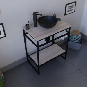Meuble salle de bain STRUCTURA 70 cm en métal noir, étagère et plan aspect bois, vasque à poser noire