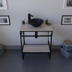 Meuble salle de bain STRUCTURA 70 cm en métal noir, étagère et plan aspect bois, vasque à poser noire