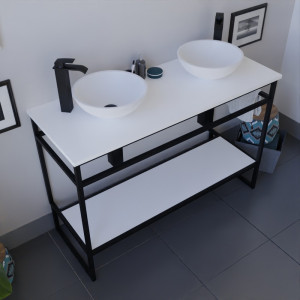 Meuble salle de bain STRUCTURA 120 cm en métal noir, étagère ouverte, plan avec double vasque à poser blanche