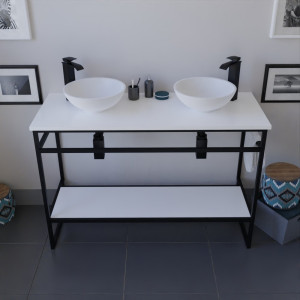 Meuble salle de bain STRUCTURA 120 cm en métal noir, étagère et plan avec vasques à poser blanches
