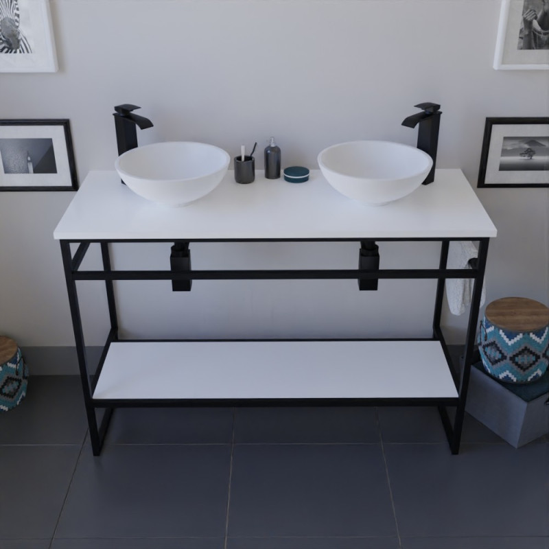 Meuble salle de bain STRUCTURA 120 cm en métal noir, étagère ouverte, plan avec double vasque à poser blanche