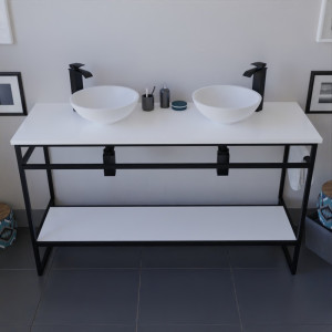 Meuble salle de bain STRUCTURA 140 cm en métal noir, étagère et plan avec vasques à poser blanches