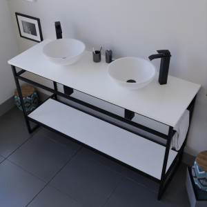 Meuble salle de bain STRUCTURA 140 cm en métal noir, étagère ouverte, plan avec double vasque à poser blanche