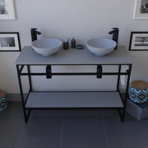 Meuble salle de bain STRUCTURA 120 cm en métal noir, étagère ouverte, plan avec double vasque à poser grise