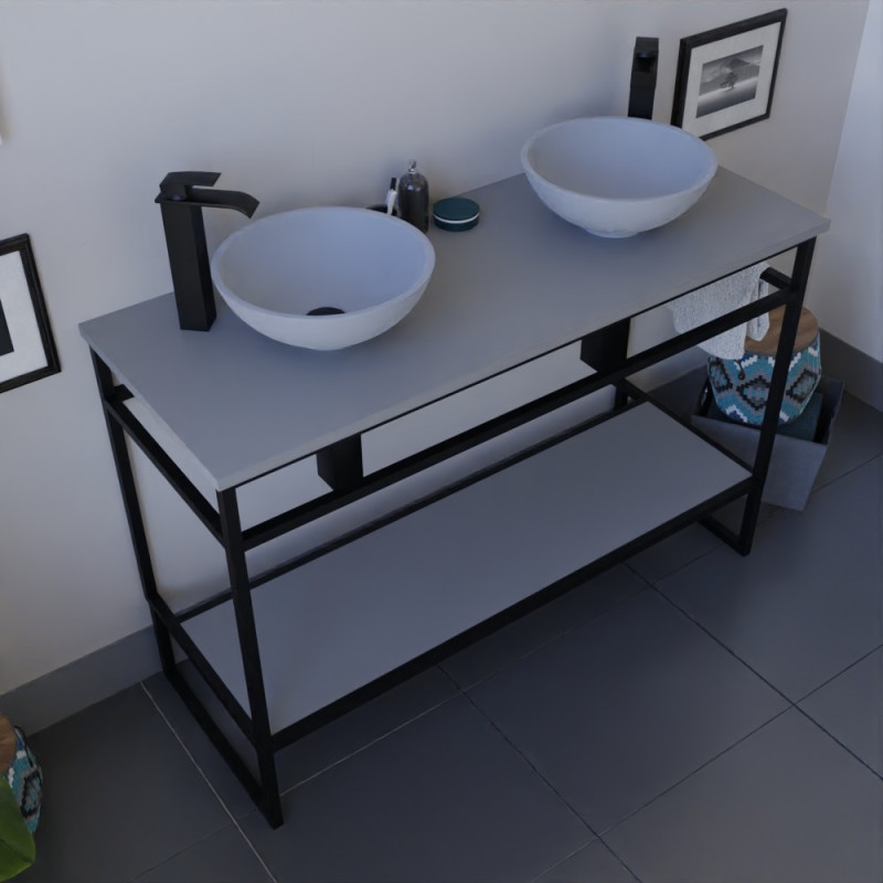 Meuble salle de bain STRUCTURA 120 cm en métal noir, étagère ouverte, plan avec double vasque à poser grise