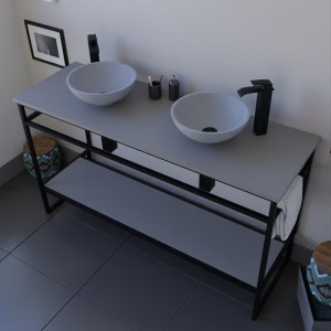 Meuble salle de bain STRUCTURA 140 cm en métal noir, étagère ouverte, plan avec double vasque à poser grise