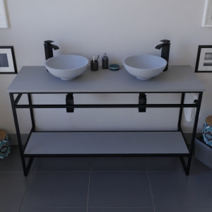 Meuble salle de bain STRUCTURA 140 cm en métal noir, étagère et plan avec vasques à poser grises