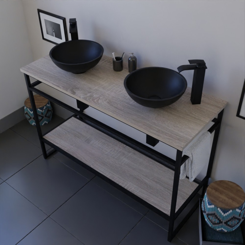 Meuble salle de bain STRUCTURA 120 cm en métal noir, étagère ouverte, plan aspect bois avec double vasque à poser noire