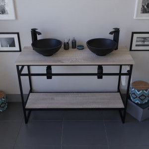 Meuble salle de bain STRUCTURA 120 cm en métal noir, étagère et plan aspect bois avec vasques à poser noires