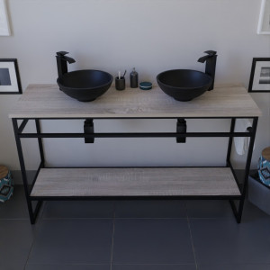Meuble salle de bain STRUCTURA 140 cm en métal noir, étagère ouverte, plan aspect bois avec double vasque à poser noire