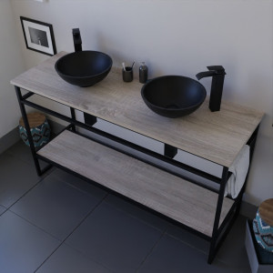 Meuble salle de bain STRUCTURA 140 cm en métal noir, étagère ouverte, plan aspect bois avec double vasque à poser noire