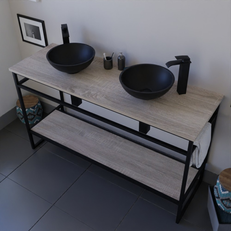 Meuble salle de bain STRUCTURA 140 cm en métal noir, étagère ouverte, plan aspect bois avec double vasque à poser noire