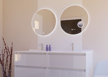 meuble salle de bain double vasque blanc brillant avec deux miroirs ronds lumineux
