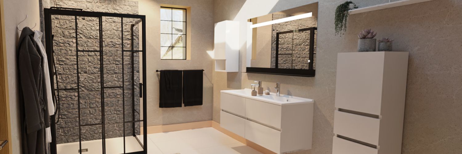 Salle de bain avec meuble blanc suspendu, miroir lumineux et colonne de rangement