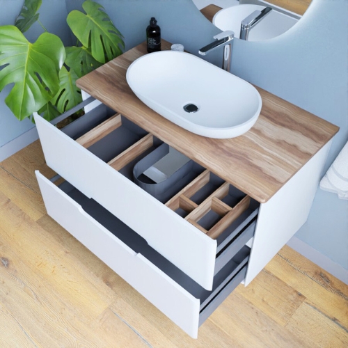 Meuble de salle de bain blanc avec tiroirs coulissants et séparateurs de rangements