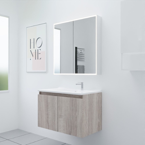 Meuble de salle de bain simple vasque coloris bois avec portes
