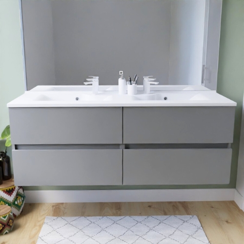 Meuble de salle de bain double vasque gris en inox avec tiroirs coulissants