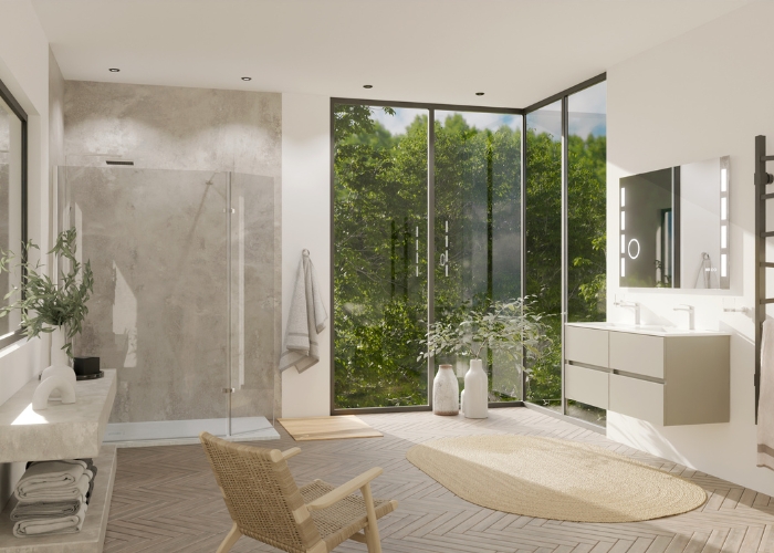 Salle de bain de style contemporain avec meuble vasque gris, paroi de douche à l'italienne et miroir lumineux