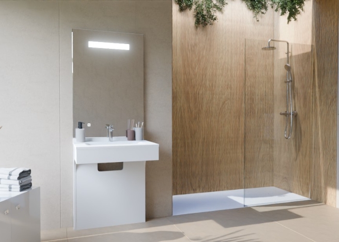 Salle de bain style japandi avec meuble vasque blanc et douche a l'italienne en verre transparent