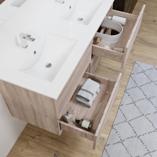 Meuble de salle de bain double vasque coloris bois avec tiroirs coulissants