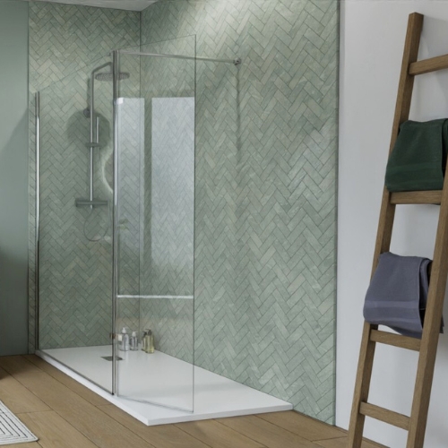 Paroi de douche fixe à l'italienne en verre transparent avec volet pivotant