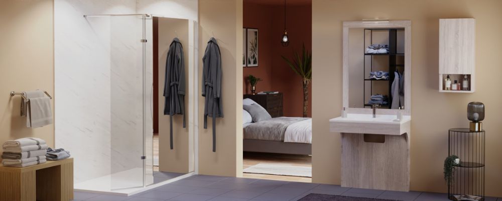 Ambiance de salle de bain complète avec une paroi de douche effet miroir