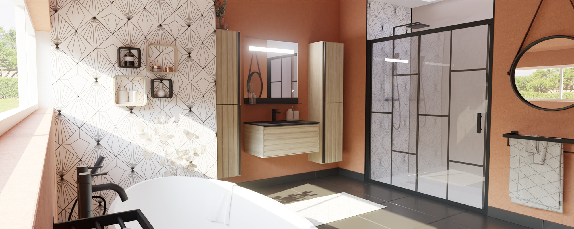 Salle de bain tendance 2024 avec des murs couleur orangé et un aménagement bois et noir