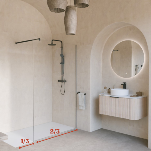 Schéma de la règle des 2/3 pour choisir la dimension de la paroi fixe selon la taille du receveur de douche