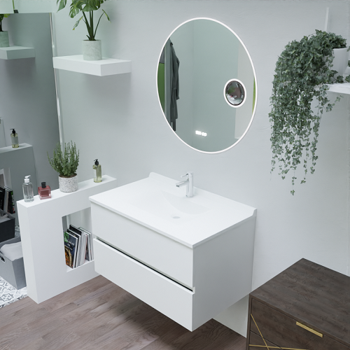 Meuble salle de bain suspendu blanc avec miroir rond équipé d'un éclairage LED, d'une horloge et d'une loupe