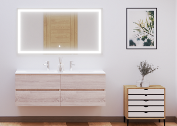 meuble salle de bain double vasque en bois clair avec miroir lumineux