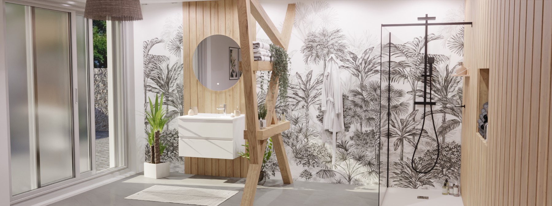 Salle de bain avec papier peint panoramique impression jungle