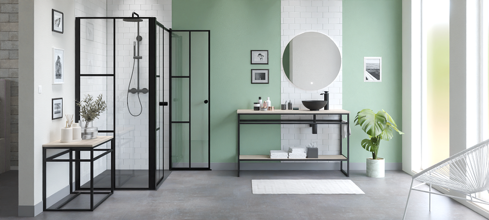 Illustration d'une salle de bain tendance 2023 avec un mur vert amande et des meubles style industriel