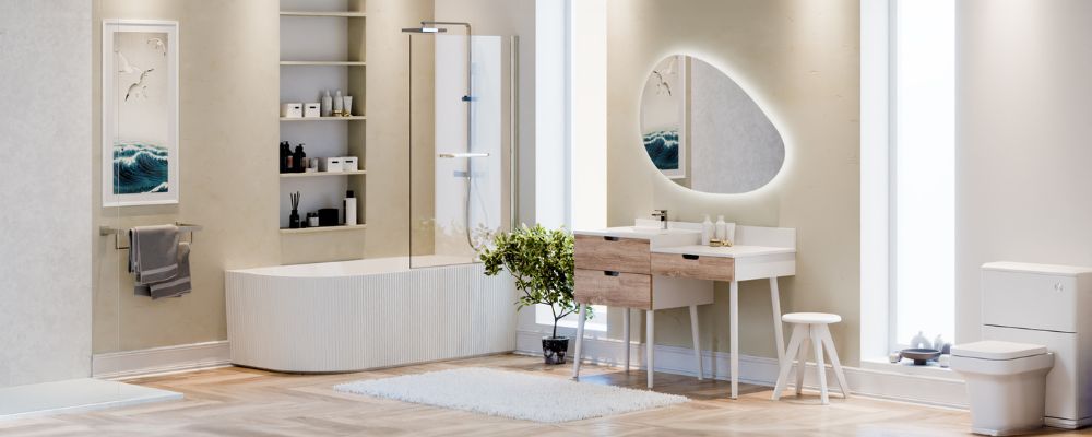 salle de bain tendance 2024 avec des coloris beige, bois et blanc